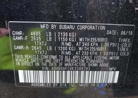 2019 Subaru Outback 2.5I Premium z USA, uszkodzony, nr VIN 4S4BSAFC6K3388293